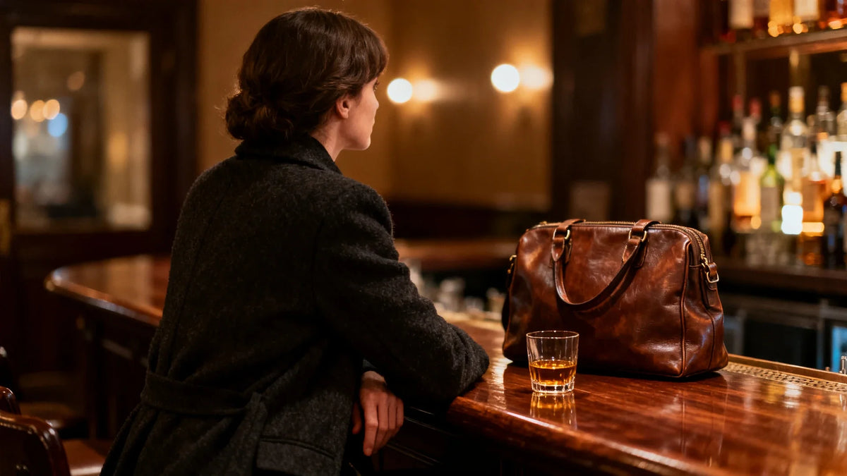Une femme seule au comptoir d'un bar le soir, son manteau de laine encore sur les épaules, son sac en cuir posé près d'elle et un verre devant elle, le regard tourné vers la salle.