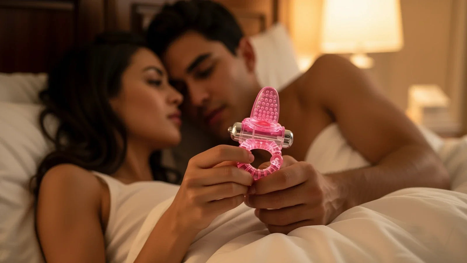 Couple au lit avec un anneau vibrant, ambiance intime
