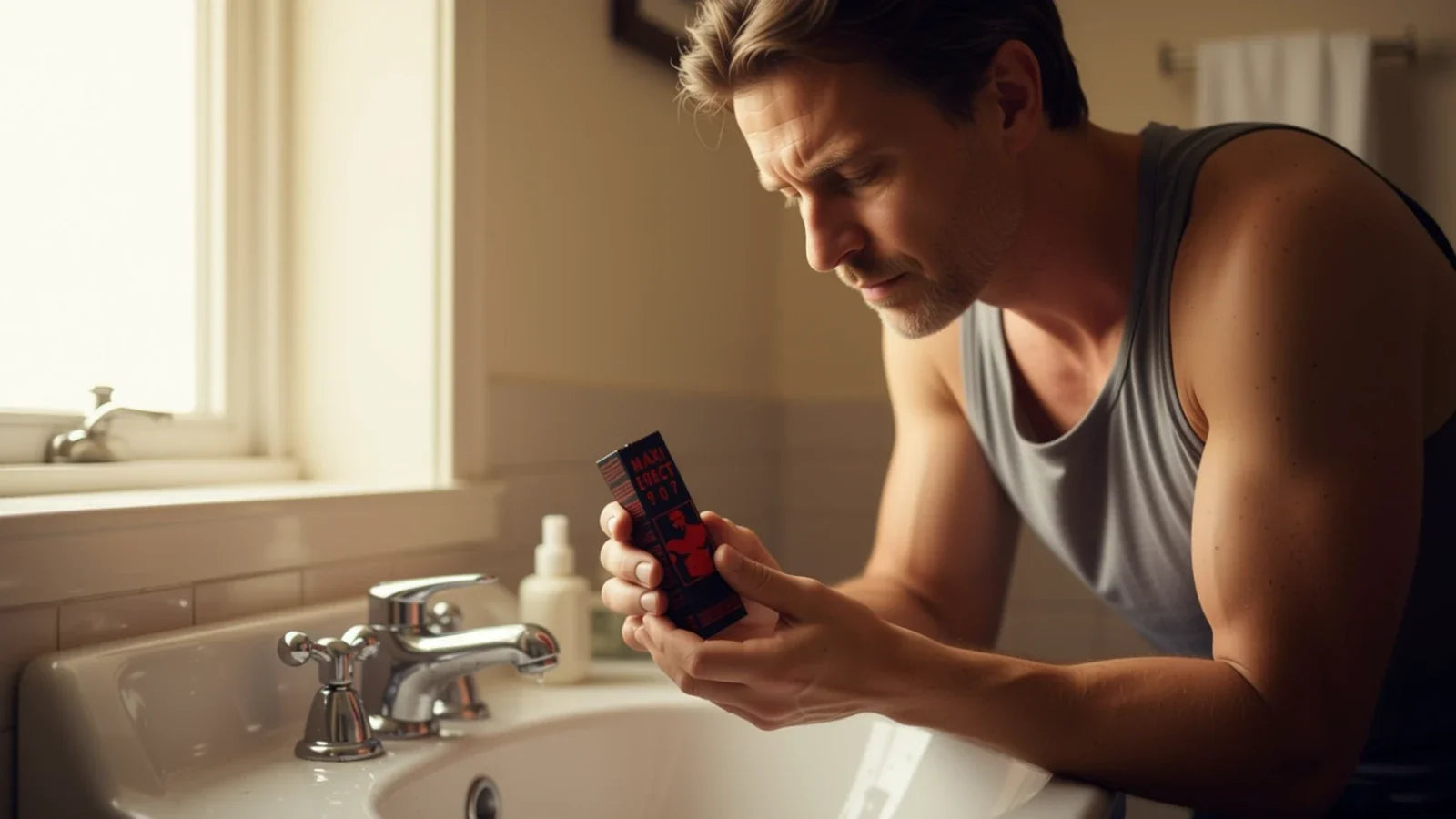 Homme tenant un stimulant masculin dans une salle de bain le matin