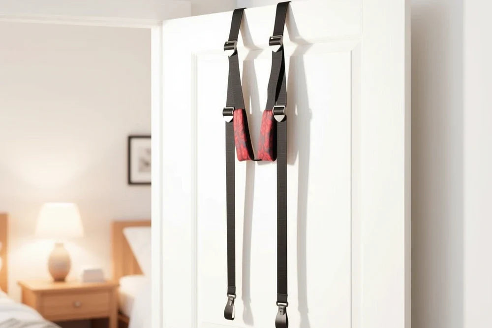 Balancelle de porte à sangles noires suspendue à une porte de chambre, lampe de chevet allumée en arrière-plan