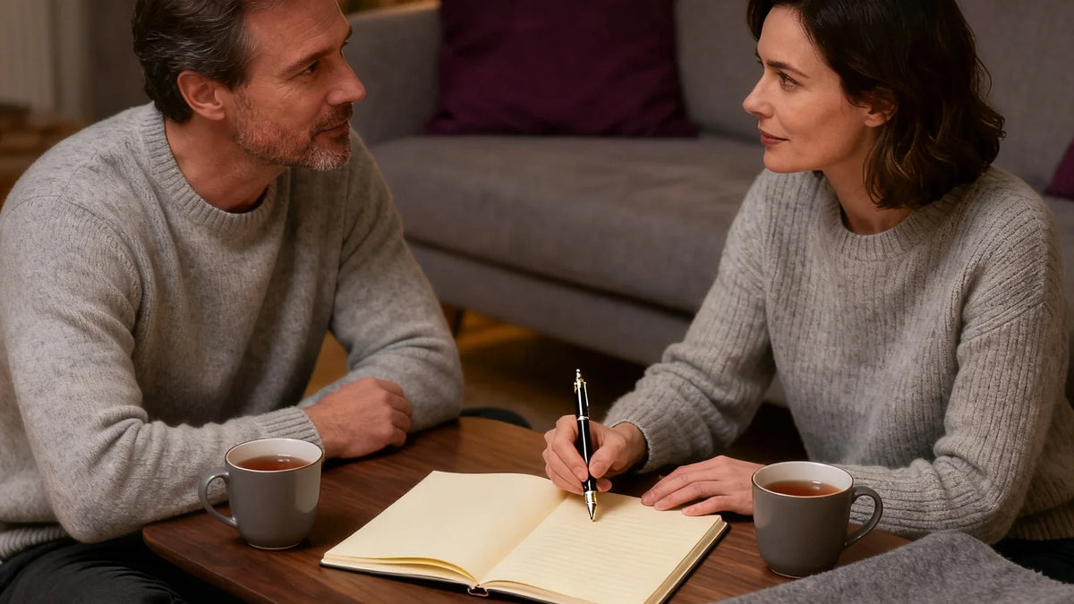 Un homme et une femme d'une quarantaine d'années assis par terre de part et d'autre d'une table basse en bois, un carnet ouvert à pages vierges entre eux, elle tient un stylo au-dessus de la page, deux tasses de thé et un plaid gris posés à côté
