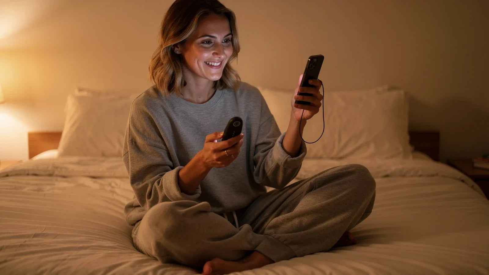 Femme tenant un sextoy connecté et son smartphone