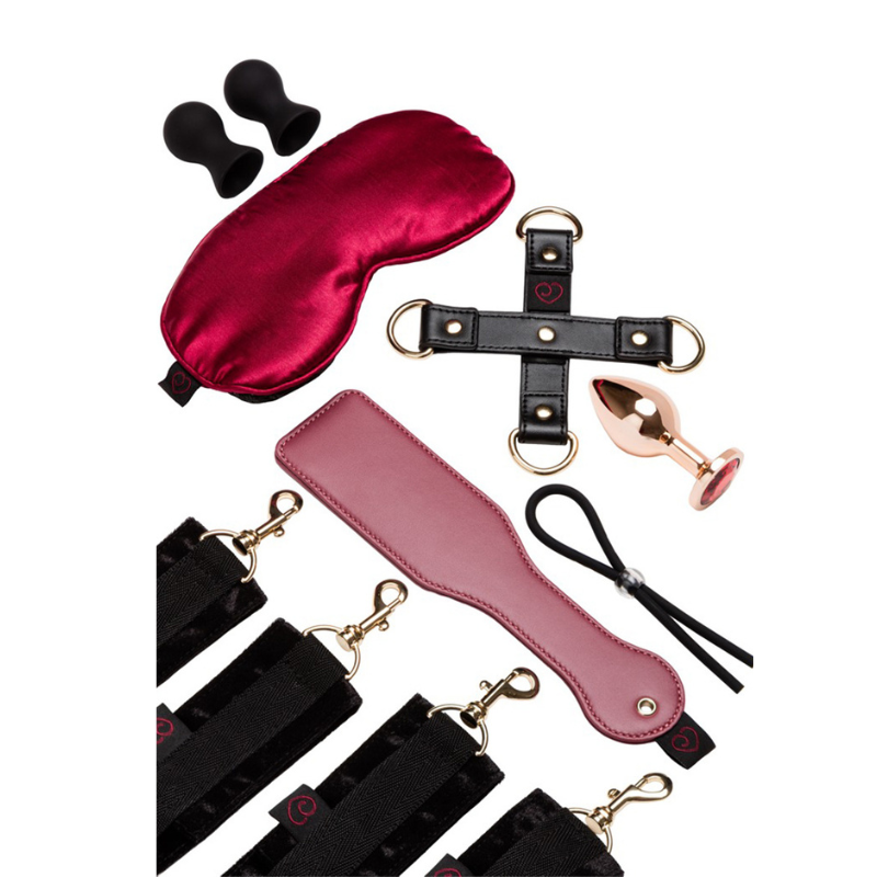 Bondage doux du calendrier Couples : masque, tapette, menottes en velours et plug bijou