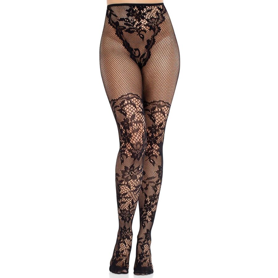 Bas Dentelle Dahlia Détail Filet Motif Floral Noir - Leg Avenue