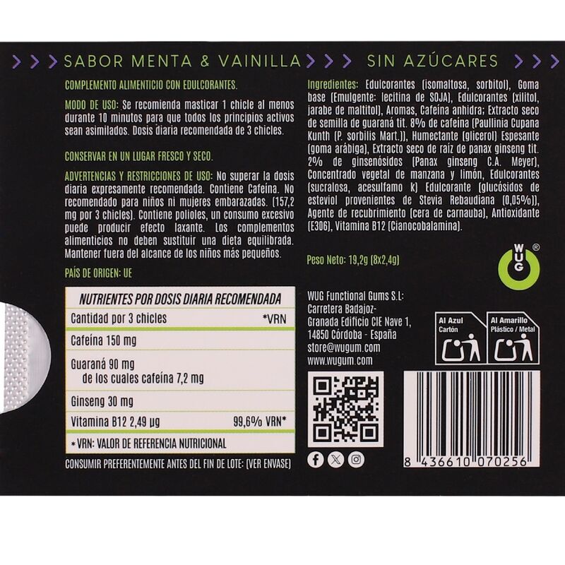 Chewing-Gum Énergisant Caféine Guarana Menthe Vanille 8 Comprimés - Wug Gum