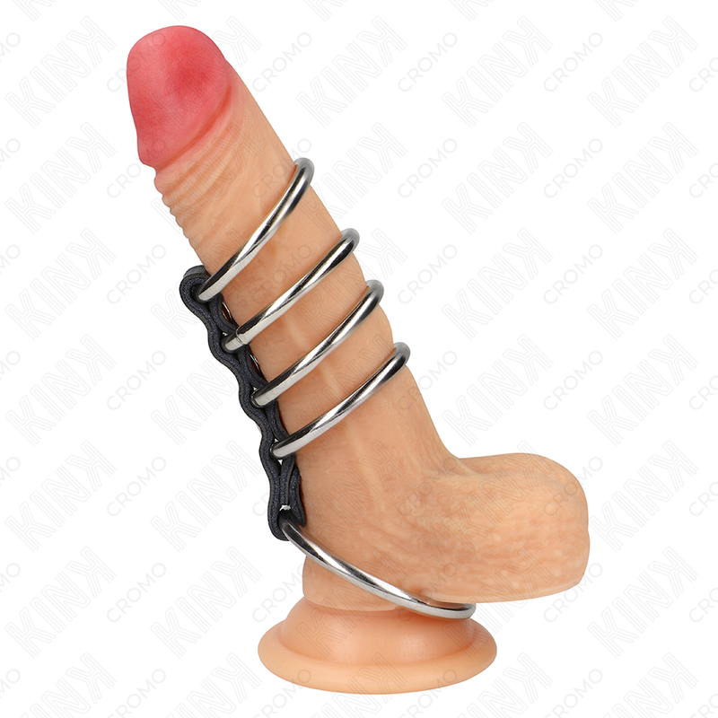 Cockring 5 Anneaux Métal de 3,7 à 5 cm Reliés par du Cuir - Kink