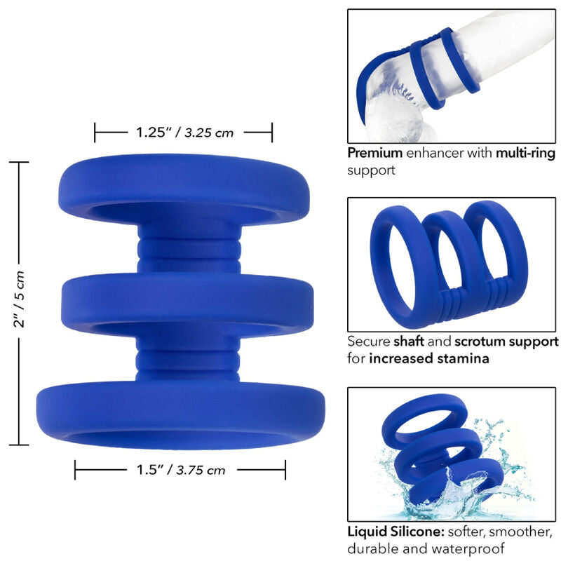 Cockring Cage Triple Anneaux Admiral Silicone Extensible Bleu - CalExotics