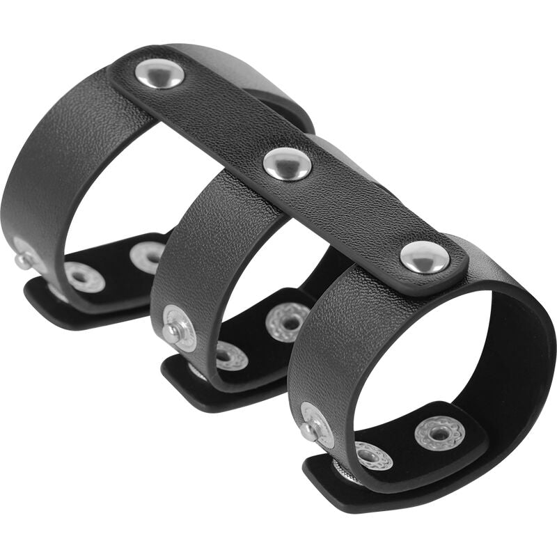 Cockring Double Pénis et Testicules Cuir Réglable - Darkness