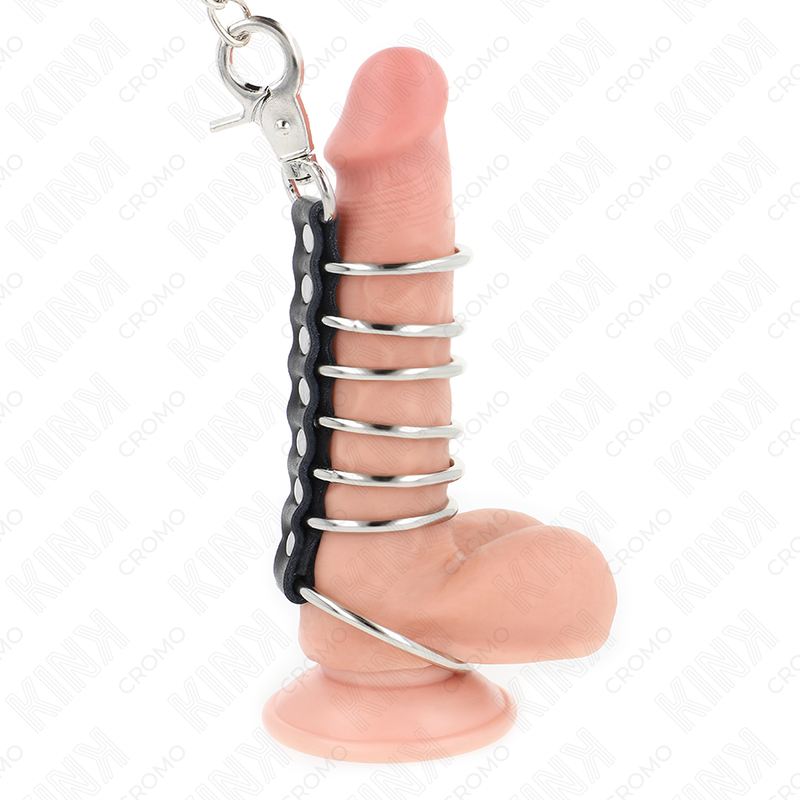 Cockring Set 7 Anneaux Acier Cuir Chaîne 100 cm BDSM - Kink