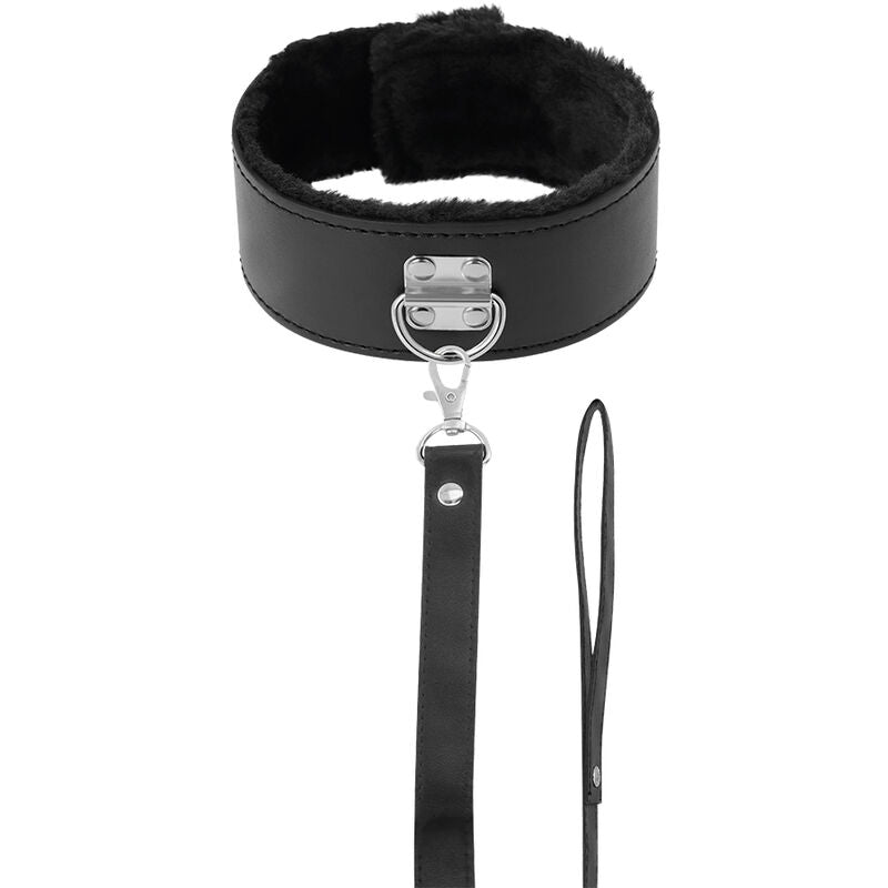 Collier BDSM Doublé Néoprène Cuir PU avec Laisse Titane - Darkness
