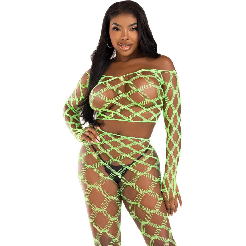 Ensemble Résille Hardcore Crop Top et Leggings Sans Pieds Vert - Leg Avenue