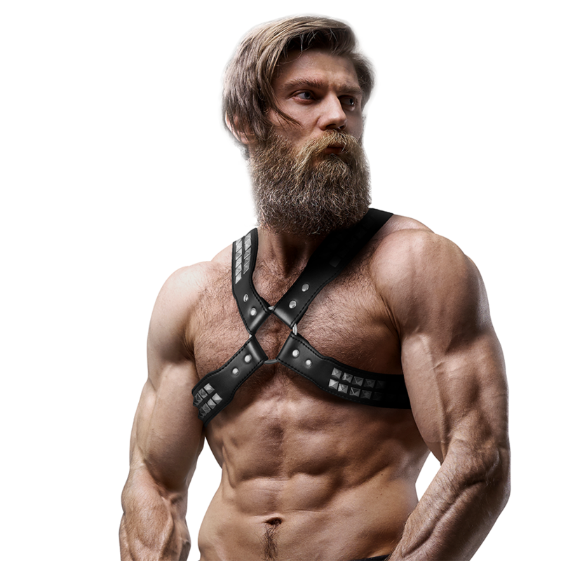 Harnais en cuir écologique pour hommes  poitrine croisée avec rivets