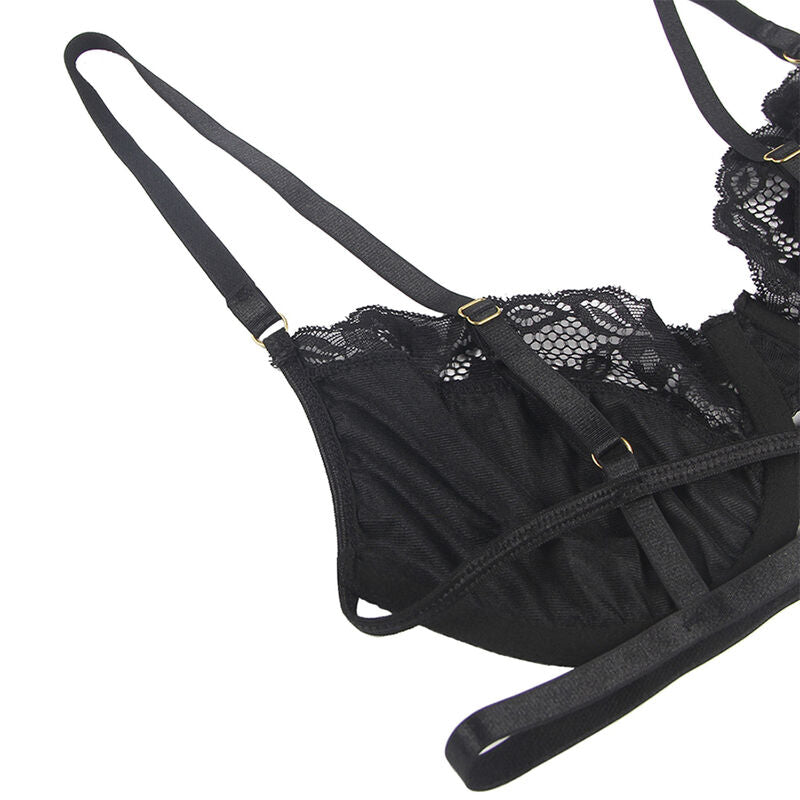 SUBBLIME - LOT 3 PIÈCES SOUTIEN-GORGE + STRING + JARRETIÈRE DENTELLE NOIR L/XL