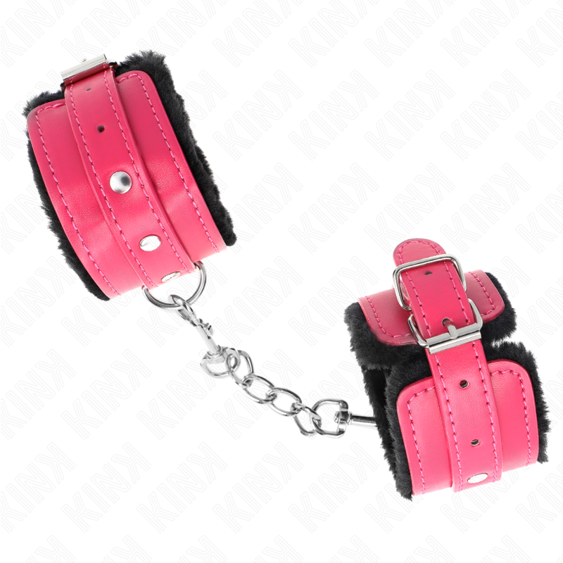 KINK - APPUI-POIGNETS DOUBLÉS DE FOURRURE PREMIUM NOIR AVEC CEINTURE ROSE FRAMBOISE AJUSTABLE 17-29 CM X 6 CM