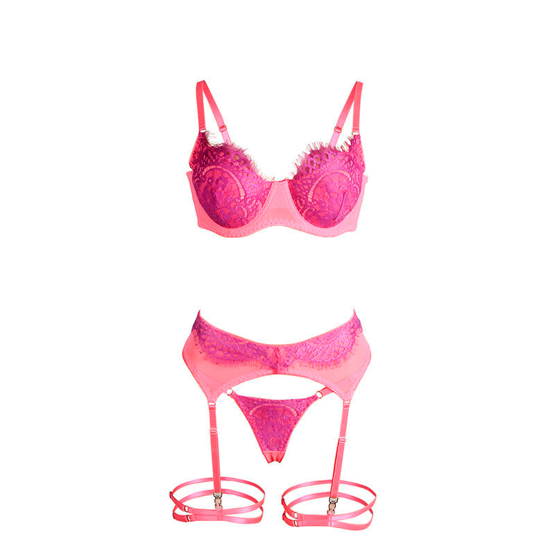 SUBBLIME - 955359 ENSEMBLE SOUTIEN-GORGE AVEC DENTELLE ET LIENS JARRETELLES ROSE ET VIOLET S/M
