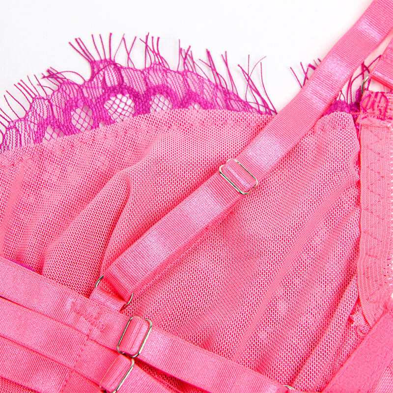 SUBBLIME - 955366 ENSEMBLE SOUTIEN-GORGE AVEC LIGNES DE DENTELLE ET JARRETELLES ROSE ET VIOLET L/XL