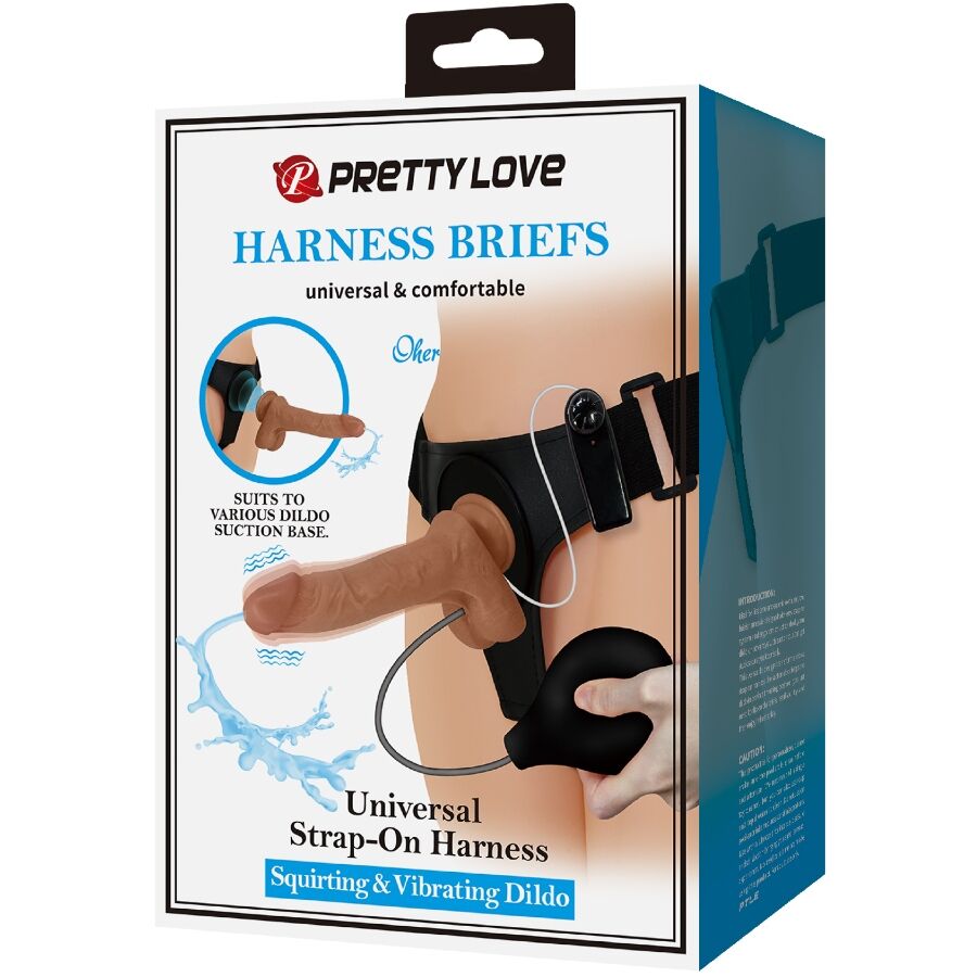 PRETTY LOVE - SLIP HARNAIS UNIVERSEL AVEC GODE VIBRANT ET SQUIRTING 15,5 CM MULATO