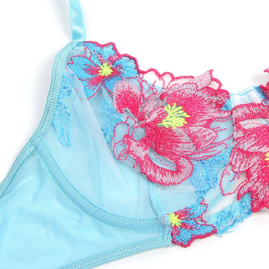 SUBBLIME - 957643 ENSEMBLE SOUTIEN-GORGE ET PORTE-JARRETELLES BRODÉ FLEURS ROSE S/M