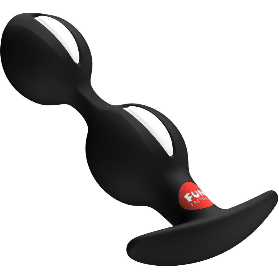 Plug anal B-Balls Duo Fun Factory noir incliné, logo rouge sur la base plate