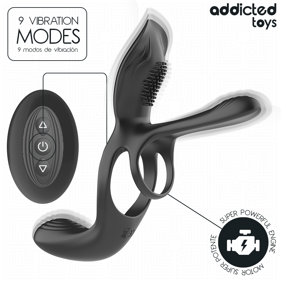 Cockring Addicted Toys de profil avec stimulateur à picots et télécommande à trois boutons