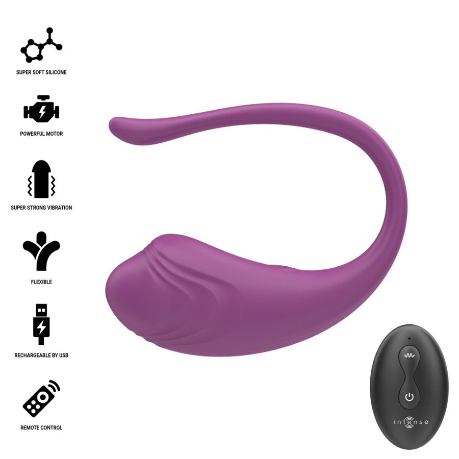 Œuf vibrant Olivia Intense violet avec télécommande noire et pictogrammes