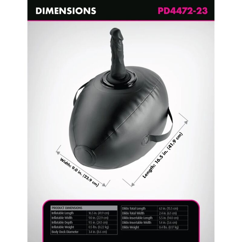 Fiche de dimensions du coussin Body Dock Love Ball et de son gode noir