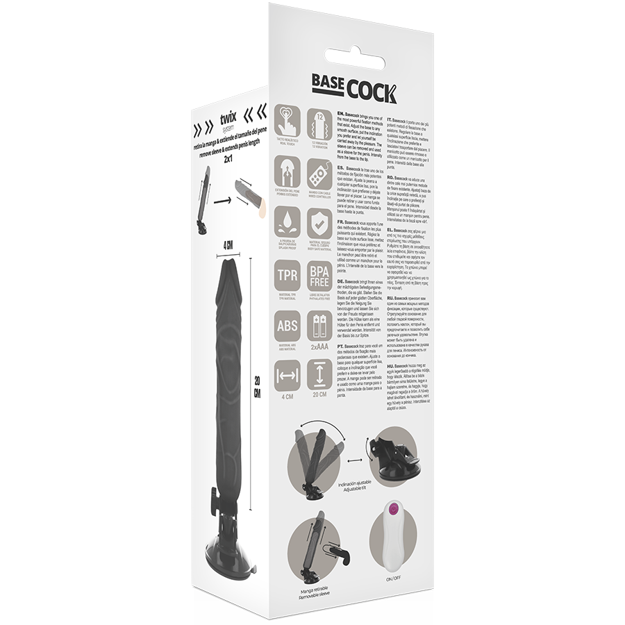 BASECOCK - VIBRATEUR RÉALISTE TÉLÉCOMMANDE NOIR 20 CM -O- 4 CM