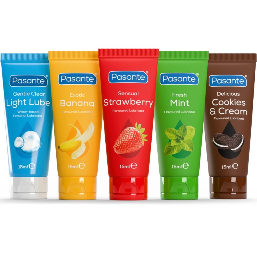 Pack Lubrifiants Aromatisés Base Eau 5 Saveurs Assorties 5 x 15 ml - Pasante
