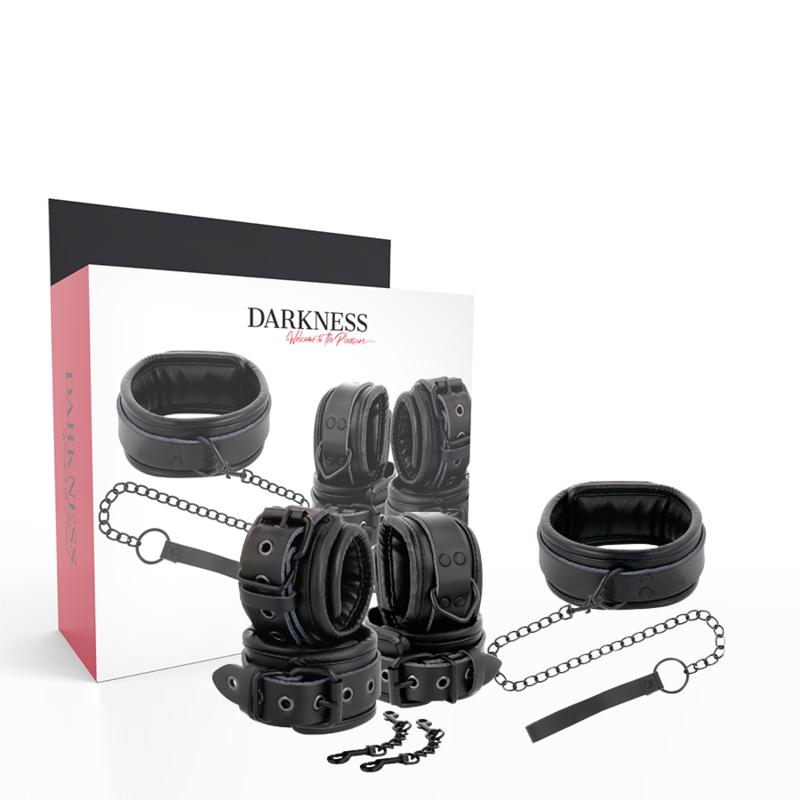 Set BDSM Collier Menottes et Laisse Cuir Taille Unique Ajustable - Darkness